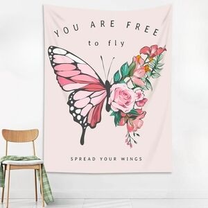 Pink Flowers Butterfly Wall Tapestry Floral Inspiration Spread Your Wings Fly